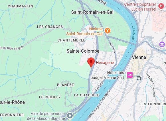 Carte Vienne Sainte-Colombe, Hexagone et le Rhône Carte de Vienne et Sainte-Colombe. Le Rhône sépare les deux villes. Le marqueur signale Hexagone (Sainte-Colombe) près de la RD 386, face à l'Hôtel Ibis.