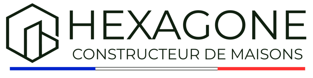 Hexagone : Constructeur de Maisons Individuelles en France Logo Hexagone Constructeur de Maisons avec icône hexagonale, traits d'architecture et drapeau tricolore français.