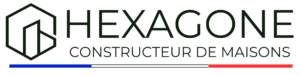 Logo Hexagone Constructeur de Maisons avec icône hexagonale, traits d'architecture et drapeau tricolore français.
