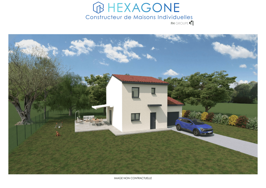 Maison individuelle contemporaine Hexagone avec jardin, terrasse et voiture. Image non contractuelle.
