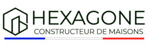 Logo HEXAGONE Constructeur de Maisons avec un hexagone stylisé et le drapeau tricolore français.