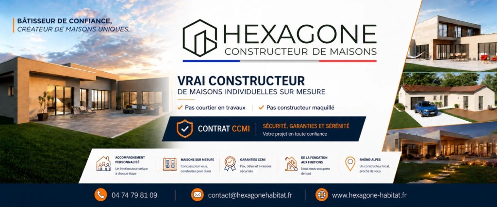 Hexagone, constructeur de maisons individuelles sur mesure en Rhône-Alpes avec contrat CCMI. Bâtisseur de confiance.